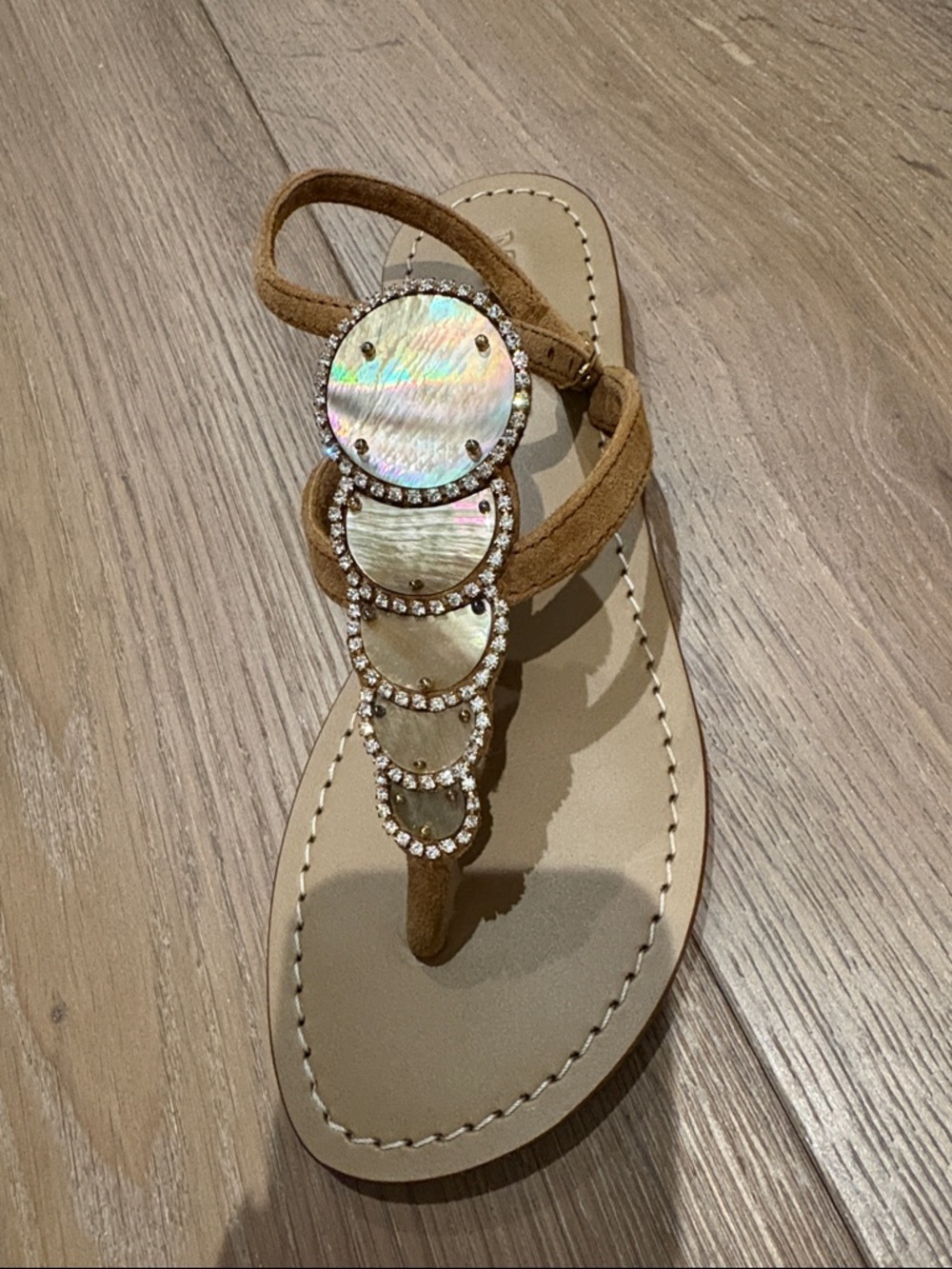 Mystique Boutique Tan Suede T-strap Sandal with Iridescent Mother-of-Pearl Discs